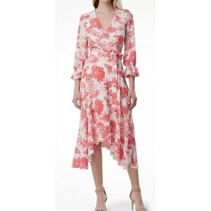 Tahari Arthur S. Levine Red & White Floral Wrap Dress Size 6 Long Sleeve.